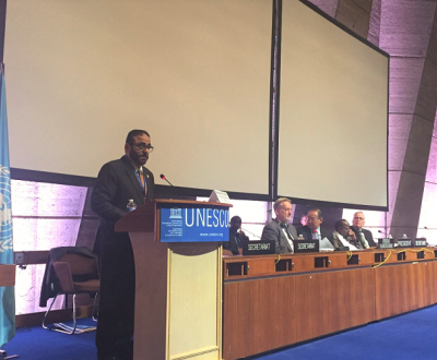 Dr. Mansoor Al Awar presents report for UNESCO Institute for Information Technologies in Education during UNESCO General Conference in Paris